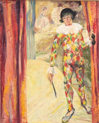 Peggy FARNHAM (XXe). "Arlequin", huile sur toile, signée en …