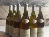 six bottles of wine are lined up on a counter in front of a stone wall