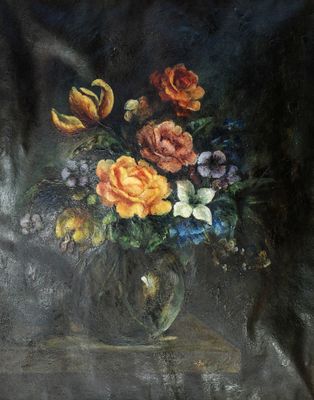 a painting of flowers in a glass vase on a table