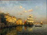 a painting of a harbor scene with boats in the water