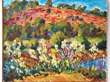 une peinture à l'huile représentant un versant de colline avec des arbres et des fleurs