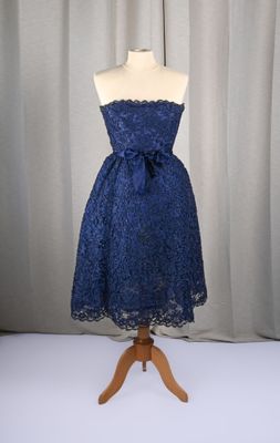 strapless blue lace dress with bow