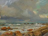 une image représentant une peinture d'une scène de plage avec des rochers au premier plan