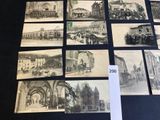 several old black and white photographs of people and buildings on a table