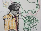 dessin représentant un homme vêtu d'une veste jaune avec un taureau, sur une feuille de papier