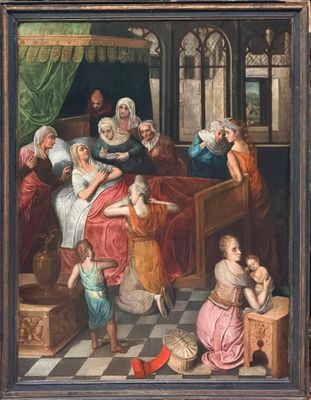 une image représentant un tableau où l'on voit une femme allongée dans un lit, entourée d'autres femmes