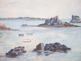 an oil painting of a boat on a body of water near rocks