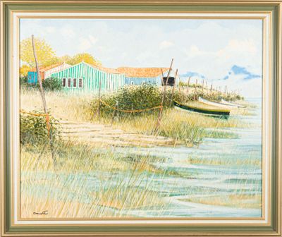 tableau représentant un bateau sur la rive d'un plan d'eau, avec une maison en arrière-plan