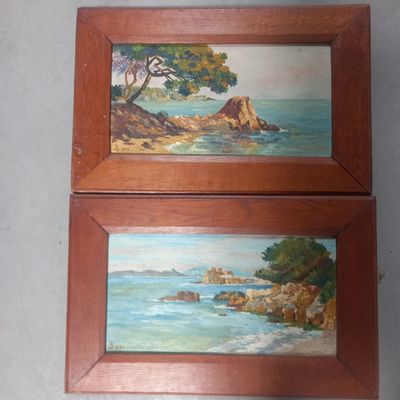 deux tableaux représentant une scène de plage avec un arbre et un plan d'eau, dans un cadre en bois