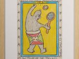 painting of an elephant holding a tennis racquet and a tennis ball