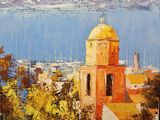 une peinture à l'huile représentant une vue d'une ville et d'un plan d'eau