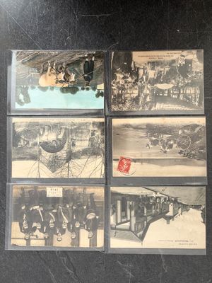 several old black and white photos of people in a train station