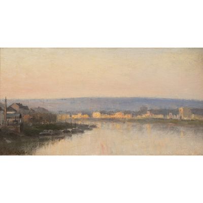une image représentant un tableau où l'on voit une rivière avec des bâtiments en arrière-plan