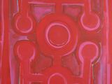 an abstract painting of red and pink shapes on a red background
