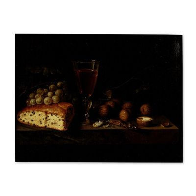 tableau représentant une nature morte avec du pain, des raisins, des noix et un verre de vin