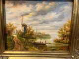 peinture d'un bateau sur une rivière avec un moulin à vent en arrière-plan