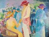 tableau représentant une femme coiffée d'un chapeau rouge et vêtue d'une robe jaune, assise sur un banc
