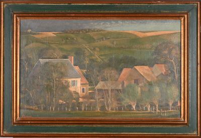 an oil painting of a farm scene with a house in the foreground