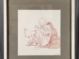dessin représentant une femme assise sur une chaise avec un chat