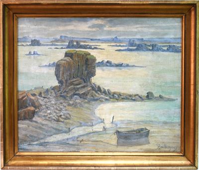 an image of a painting of a boat on a beach