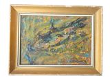 une peinture à l'huile représentant un poisson, dans un cadre doré, sur fond blanc
