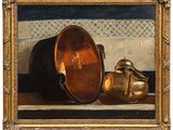 an oil painting of a copper pot and a gold purse