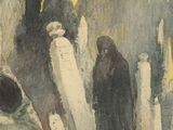 a painting of a group of people standing in a cemetery