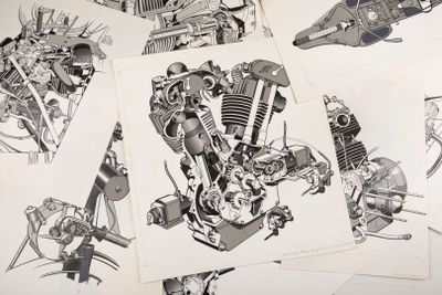 many drawings of motorcycles on a table together