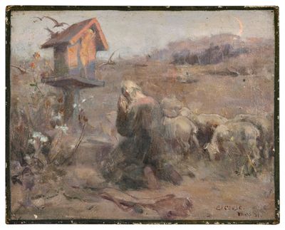 tableau représentant des moutons dans un champ, avec un nichoir en arrière-plan