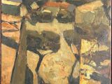 peinture représentant un paysage avec des arbres et une clôture au premier plan