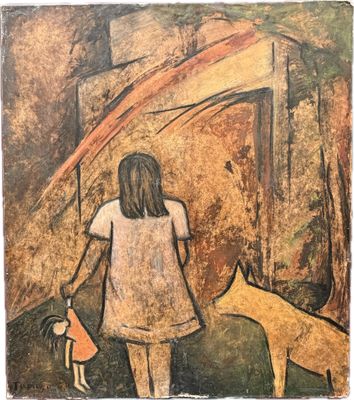 an image of a painting of a woman and a dog
