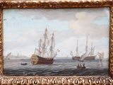 tableau représentant trois bateaux sur un plan d'eau, avec le ciel en arrière-plan