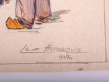 a drawing of a woman in a hat and dress