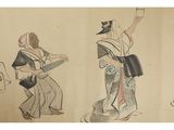 two asian paintings of a man and a woman in traditional clothing