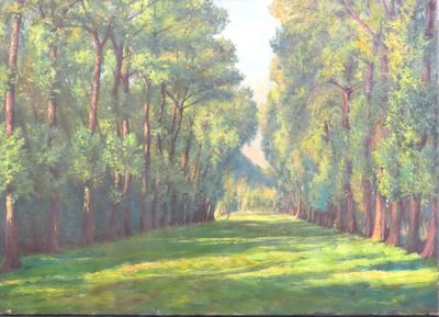 tableau représentant un champ verdoyant avec des arbres et de l'herbe au premier plan