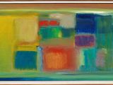 une peinture représentant une peinture composée de carrés colorés sur fond jaune