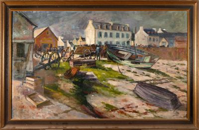 a painting of boats on the shore by a building