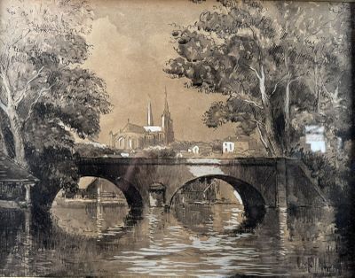 a picture of a painting of a bridge over a river
