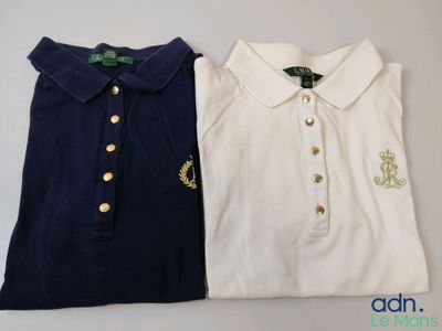 two polo shirts with gold buttons and a white shirt with a green bow