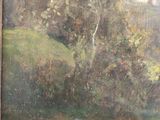 an oil painting of a house in a wooded area with trees in the foreground
