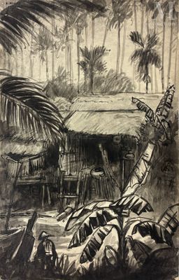 dessin représentant une hutte dans la jungle, avec des palmiers en arrière-plan