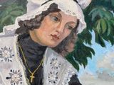 painting of a woman in a white bonnet and black dress holding a basket