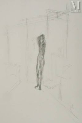 drawing of a person standing in a room with a window
