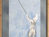 tableau représentant un garçon avec un cerf-volant et un chat sur fond bleu