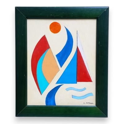 tableau représentant un voilier avec le soleil en arrière-plan, dans un cadre vert