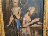 a painting of a woman reading a book in front of a mirror
