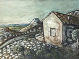 une peinture à l'huile représentant une maison sur une colline, avec une montagne en arrière-plan