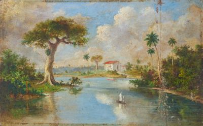 tableau représentant un tableau d'une rivière avec un bateau sur l'eau
