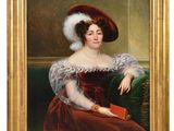 portrait of a lady in a red dress and hat with a red book