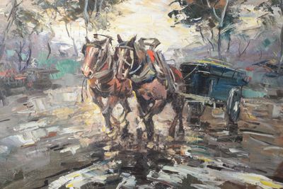 painting of two horses pulling a carriage through a puddle of water